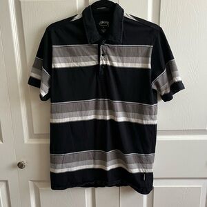 Stussy Men's Black and Gray Striped Polo Shirt